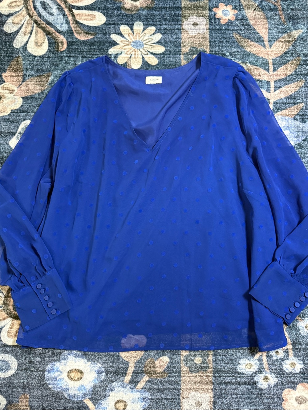 J. Crew Royal Blue V-Neck Dot-Textured Blouse